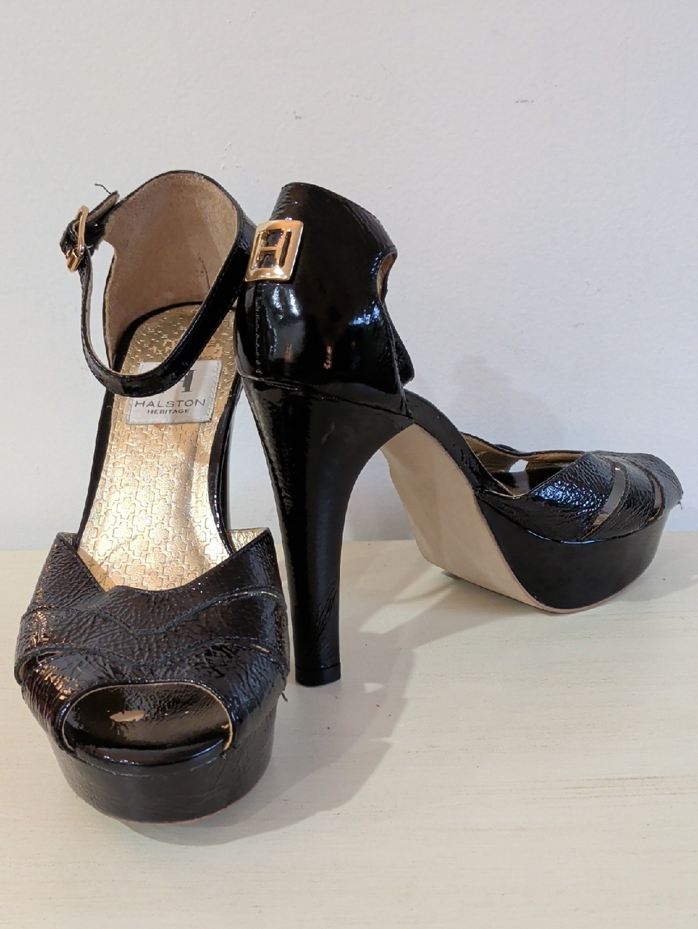 Halston Heritage Black Patent Platform Peep-Toe Heels Size 5